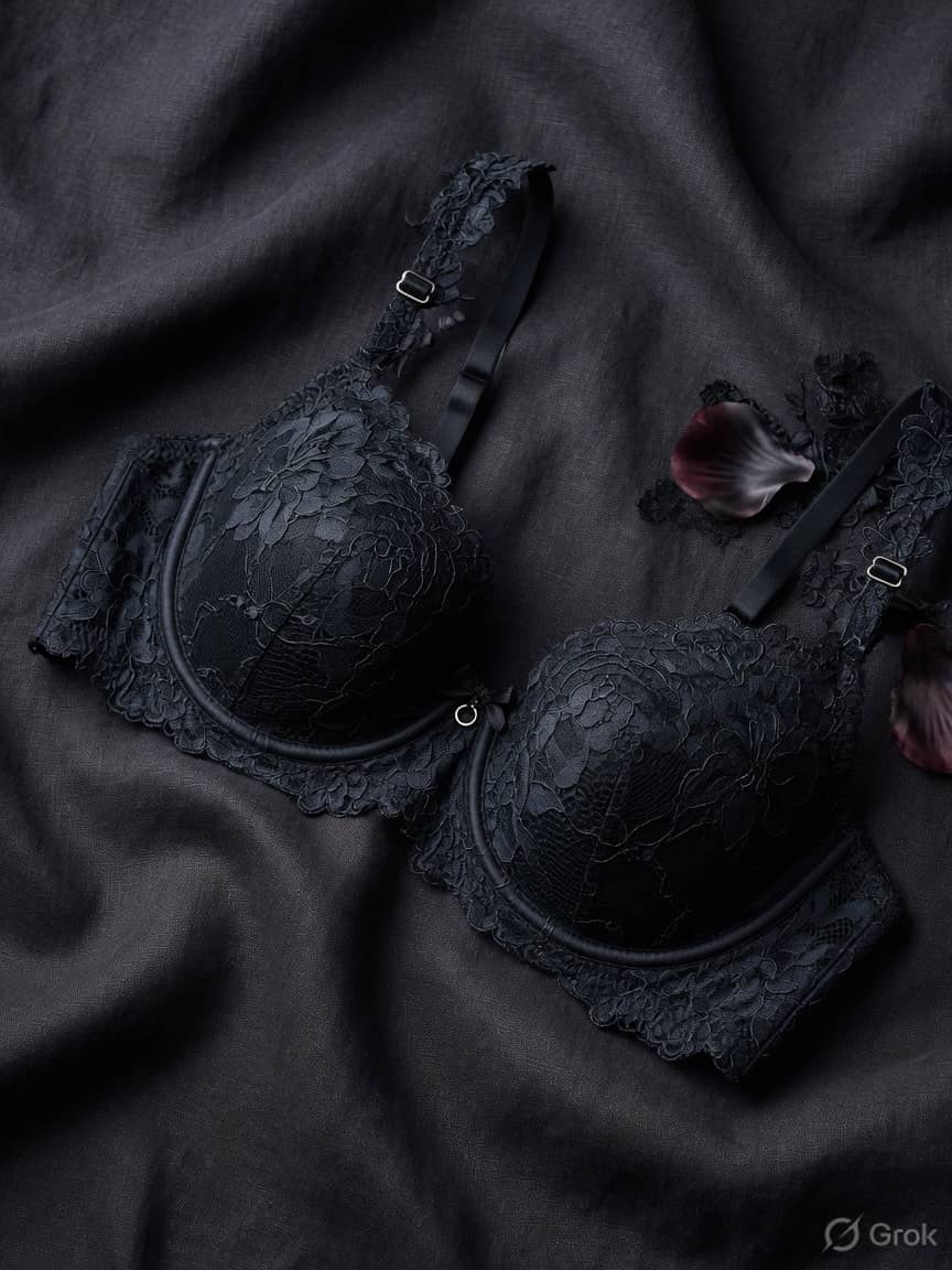 AfterDark lace bra in Midnight, front view. Midnight lace. Medium support. Sizes 30B–42DD. Black lace. No apology.