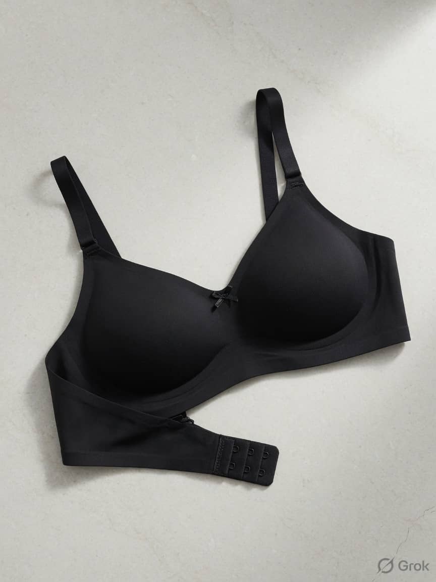 AirBound seamless bra in Midnight, front view. Bonded knit. Light support. Sizes 28A–42DD. Black, edge-free, gone under a knit.