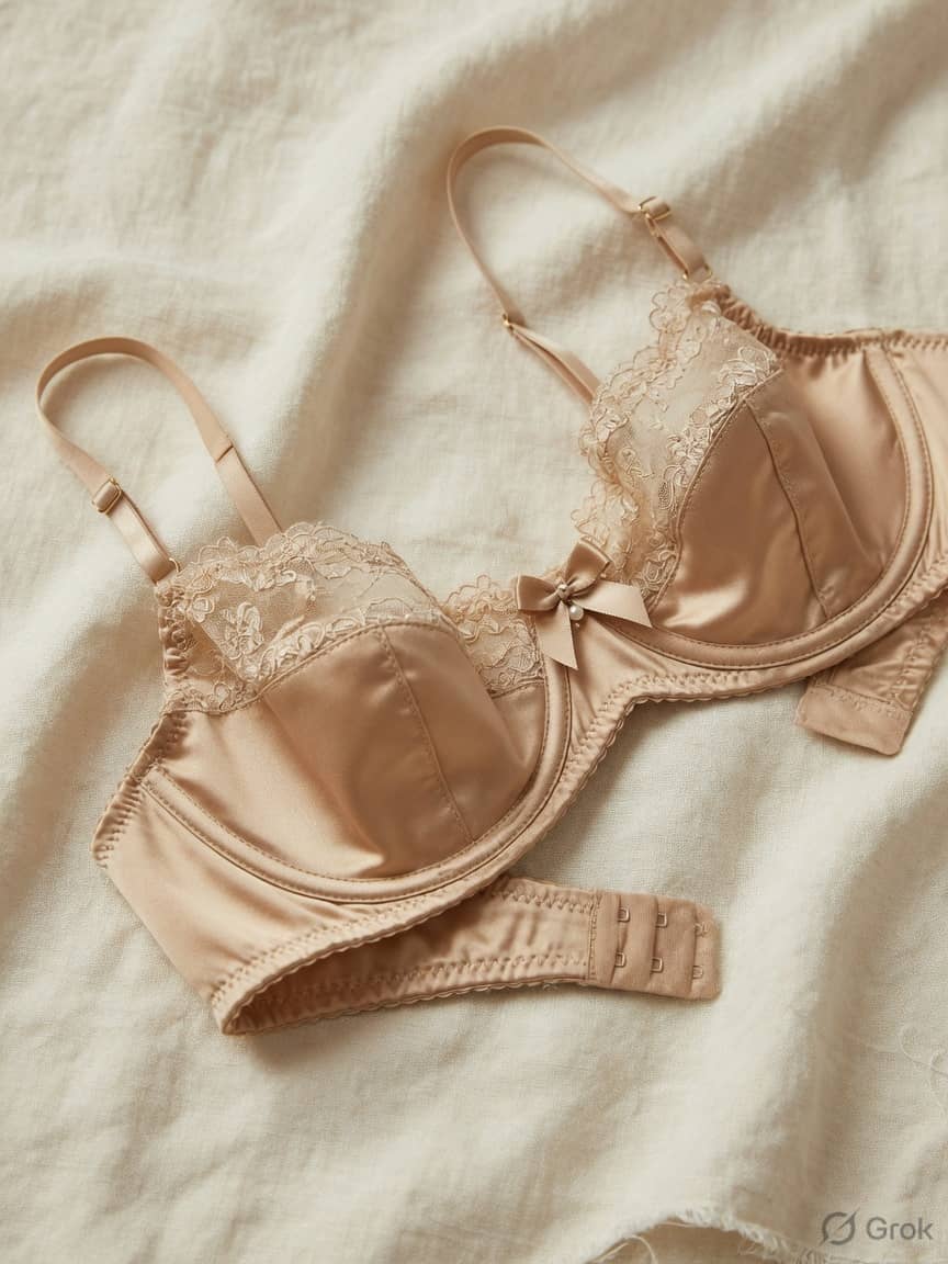 FirstLight bridal bra in Champagne, front view. Champagne satin. Light support. Sizes 32A–38D. Champagne. Soft cups. The hour before.