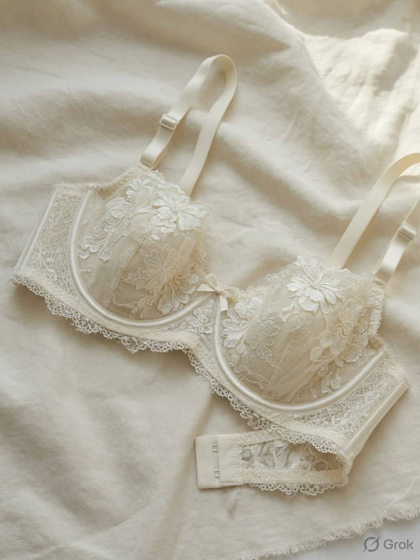Floral Luxe lace bra in Ivory, front view. French lace. Medium support. Sizes 30B–42DD. Delicate lace that makes every day feel special.