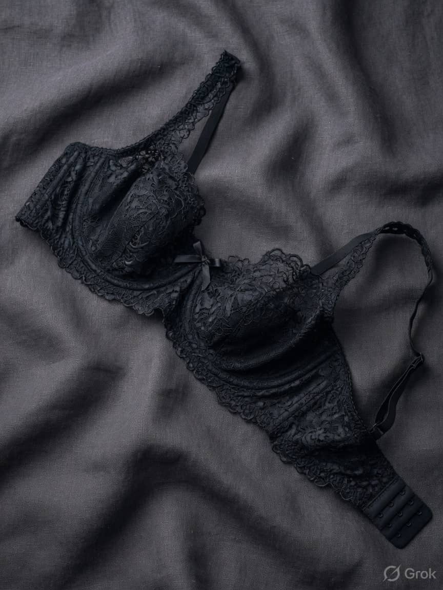 InkLace lace bra in Midnight, front view. Ink lace. Medium support. Sizes 30B–42DD. Ink. Scalloped. Nothing polite about it.