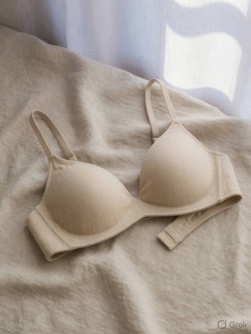 LinenHour everyday bra in Linen, front view. Linen-stretch knit. Light support. Sizes 28A–42D. Linen-soft. Forgotten by noon.