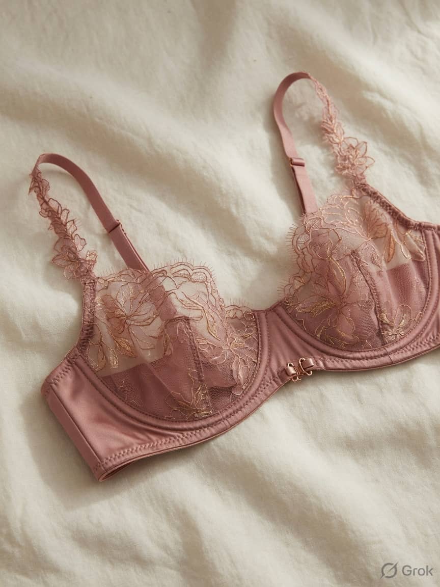 MoonlitRose bridal bra in Blush, front view. Satin lace. Medium support. Sizes 32B–40DD. A dusky bridal statement with rose-gold shimmer and soft cups.