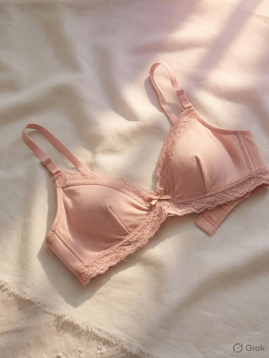 MorningDew everyday bra in Blush, front view. Modal stretch. Light support. Sizes 28A–42D. A light, everyday lift with pretty tonal lace touches.