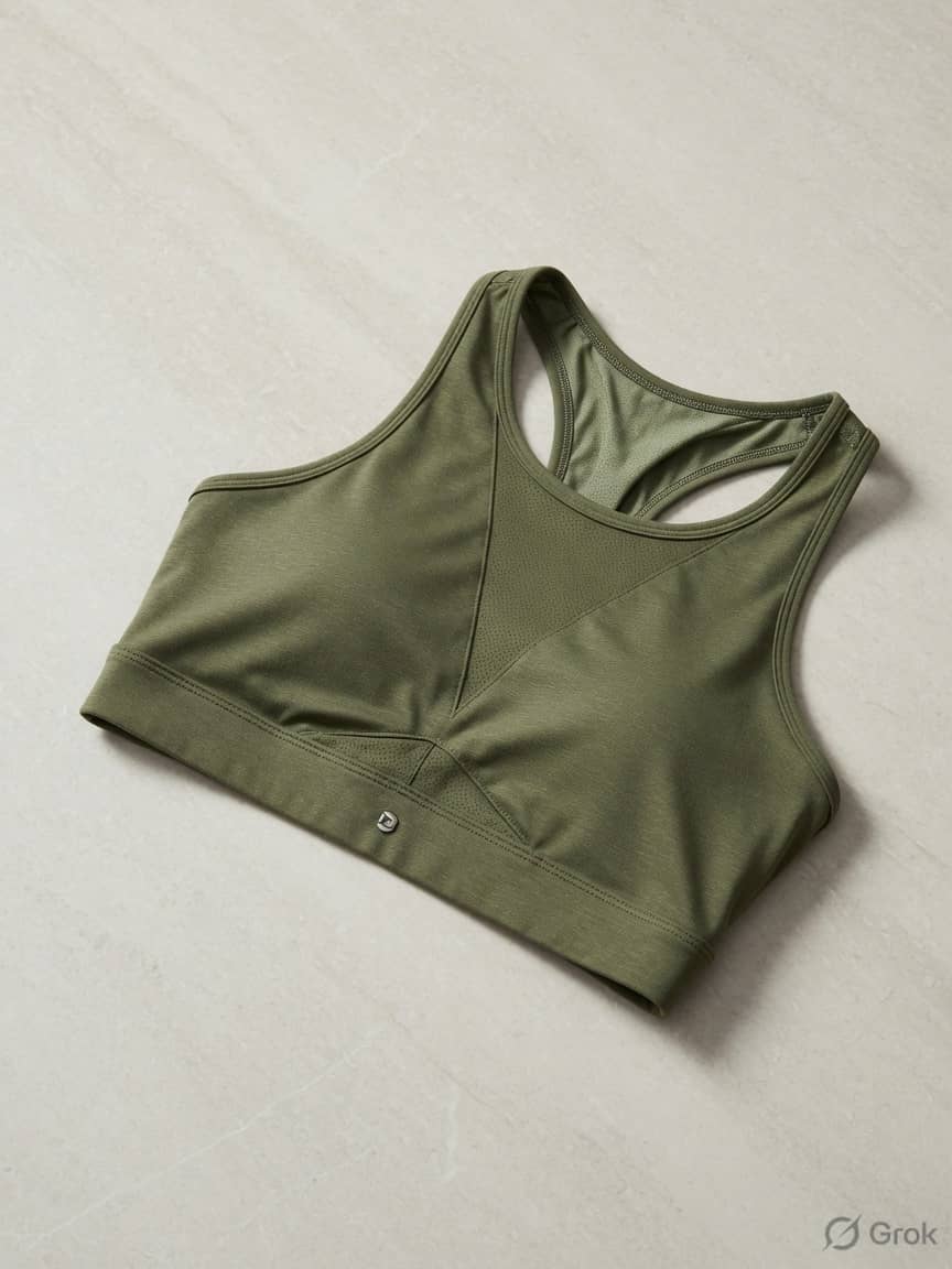 MossLine sports bra in Olive, front view. Olive jersey. Light support. Sizes 28A–40D. Olive. Low-impact. The studio, not the track.