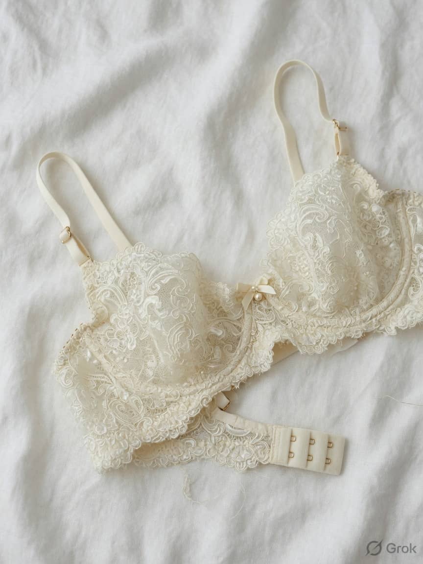 NetHour lace bra in Ivory, front view. Chantilly lace. Medium support. Sizes 30B–40DD. Ivory lace that disappears under silk.
