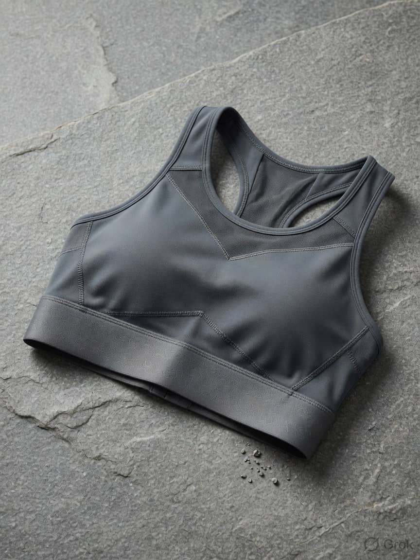 PaceHold sports bra in Slate, front view. Compression knit. High support. Sizes 30B–44DD. Built for the run. Forgotten after it.
