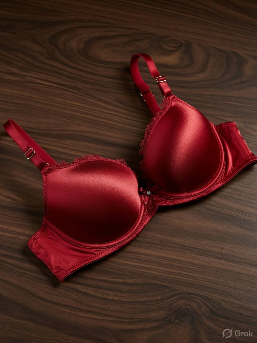 RedHour push-up bra in Crimson, front view. Crimson satin. High support. Sizes 30B–38DD. Crimson satin. For the night that does not wait.