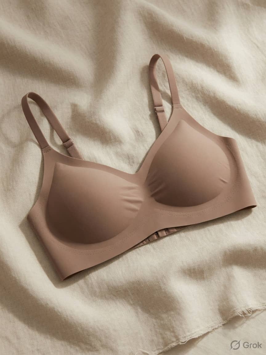 SecondSkin seamless bra in Mocha, front view. Seamless knit. Light support. Sizes 28A–42DD. Mocha. Edge-free. Gone under a knit.