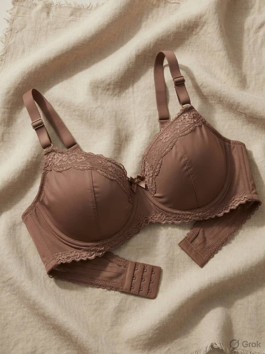 StrapEase full-figure bra in Mocha, front view. Stabilised mocha knit. High support. Sizes 34C–50H. Mocha. Wide. Cut for the body you have.