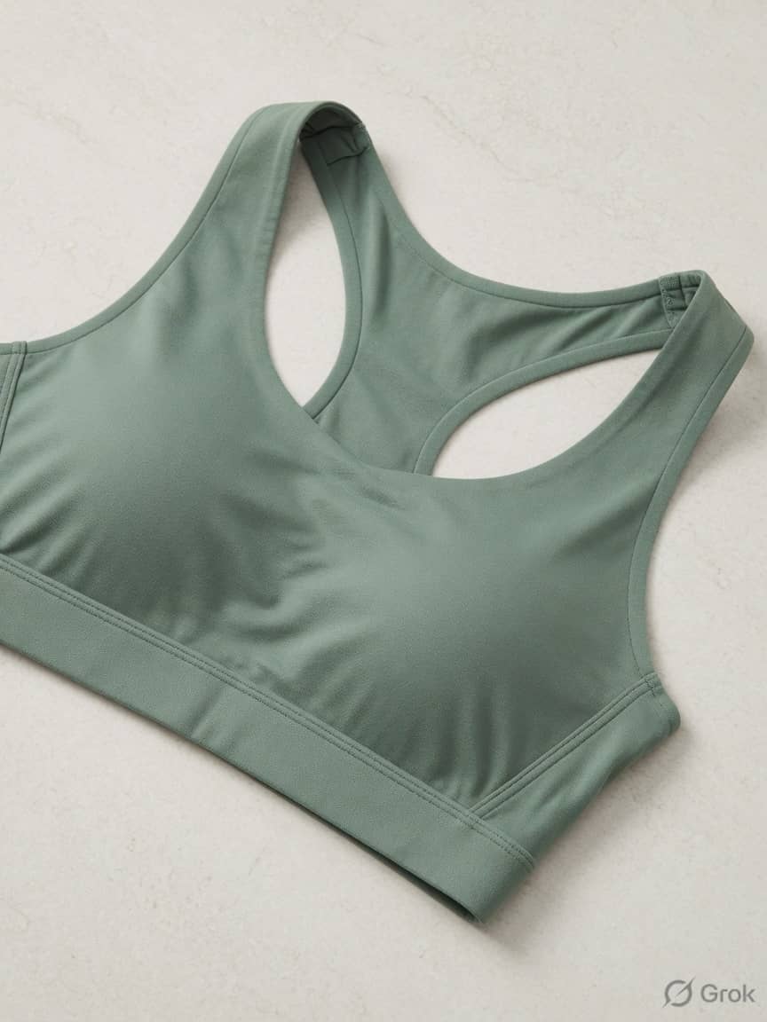 StudioLine sports bra in Sage, front view. Stretch jersey. Light support. Sizes 28A–40D. For the class that does not need armour.