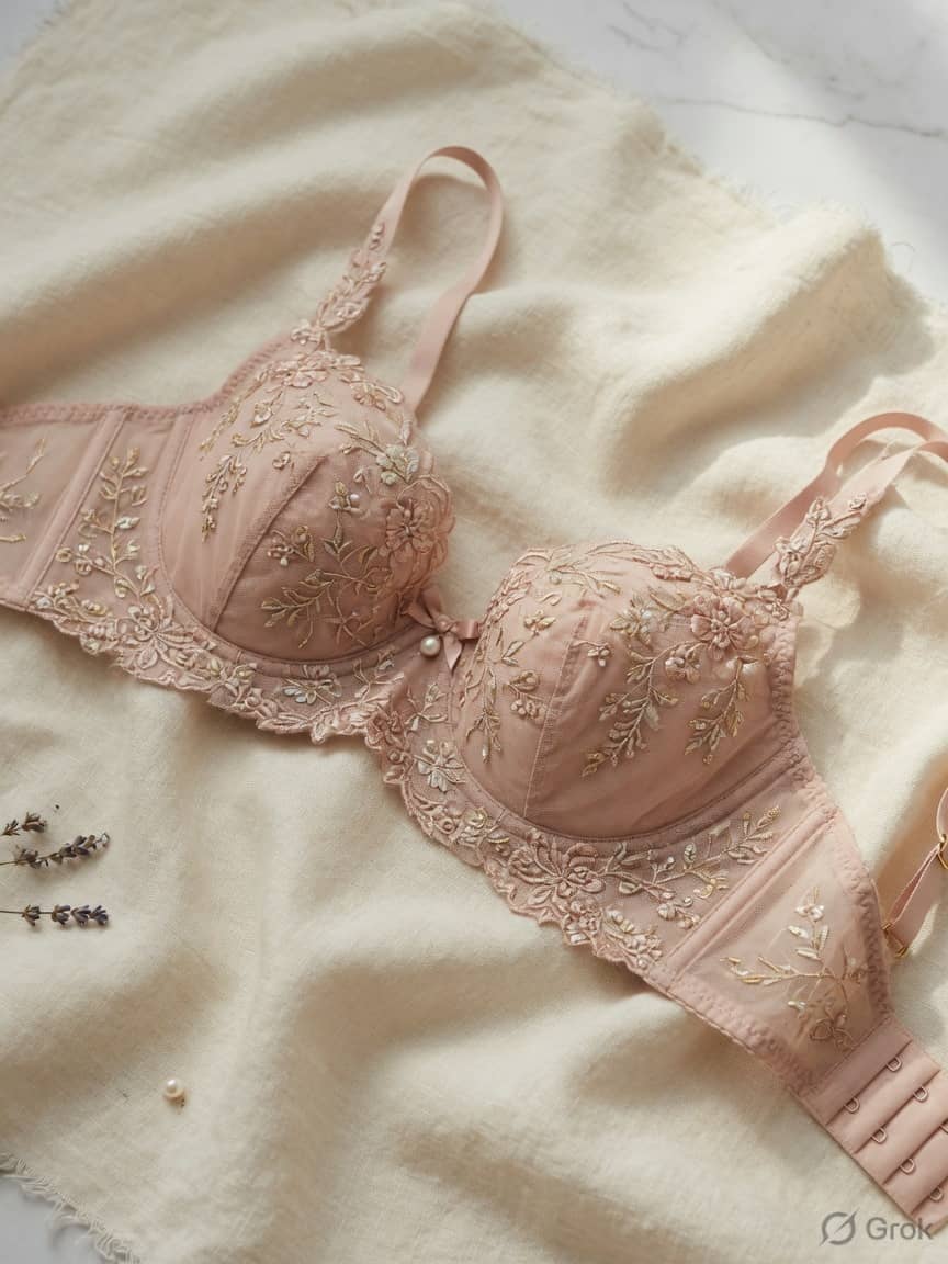 VeilCup bridal bra in Blush, front view. Blush embroidery. Medium support. Sizes 32A–40D. Blush embroidery. For the hour before.