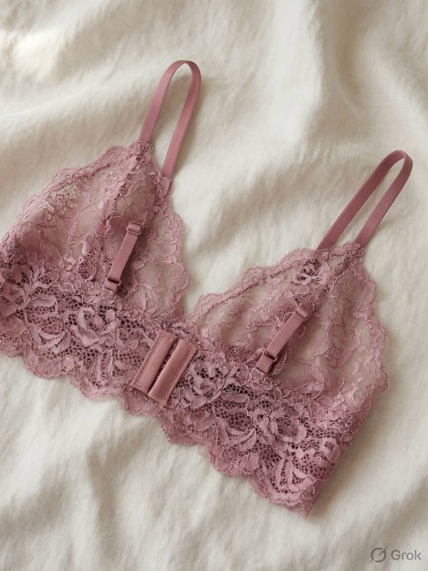 WhisperNet lace bra in Dusty rose, front view. Unlined lace. Light support. Sizes 28A–38D. Unlined. Meant to be felt, not seen.