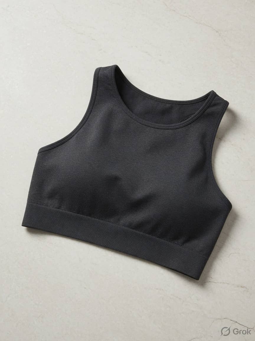 ZenFlow sports bra in Charcoal, front view. Stretch jersey. Light support. Sizes 28A–38DD. Smooth support with a soft finish for low-impact days.